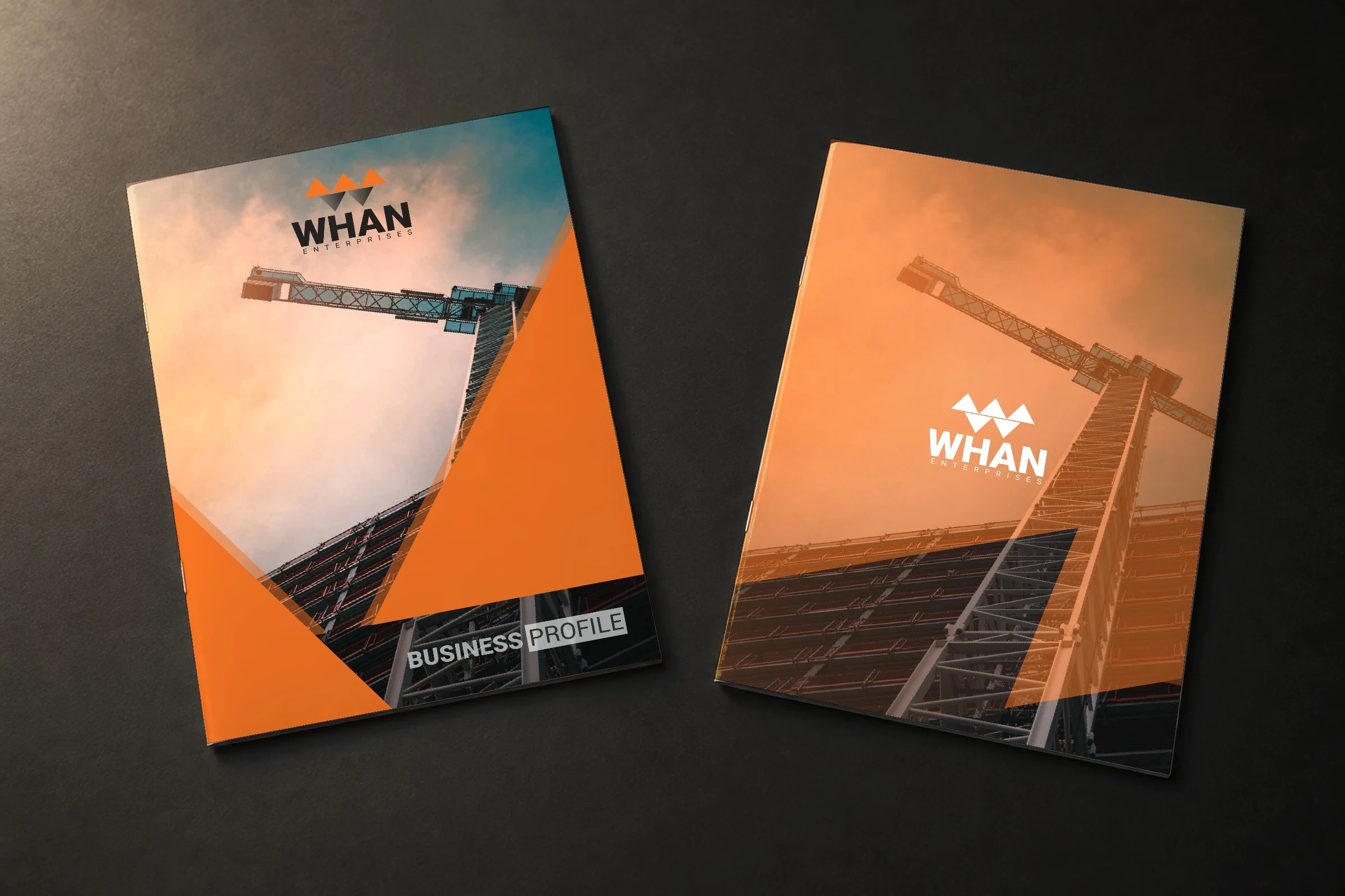 The Whan Enterprises company profile printed, its front and back covers, on a dark desk