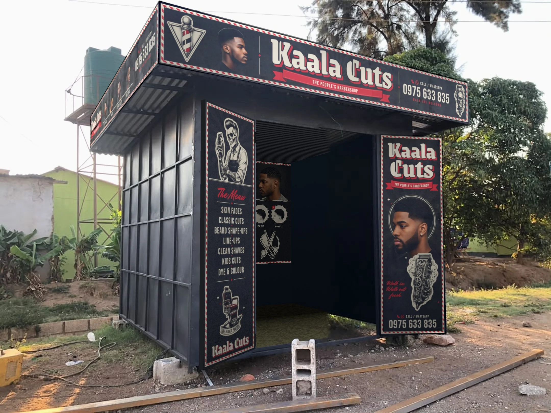 The black Kaala Cuts concept on a photo of the client's own booth, both doors open