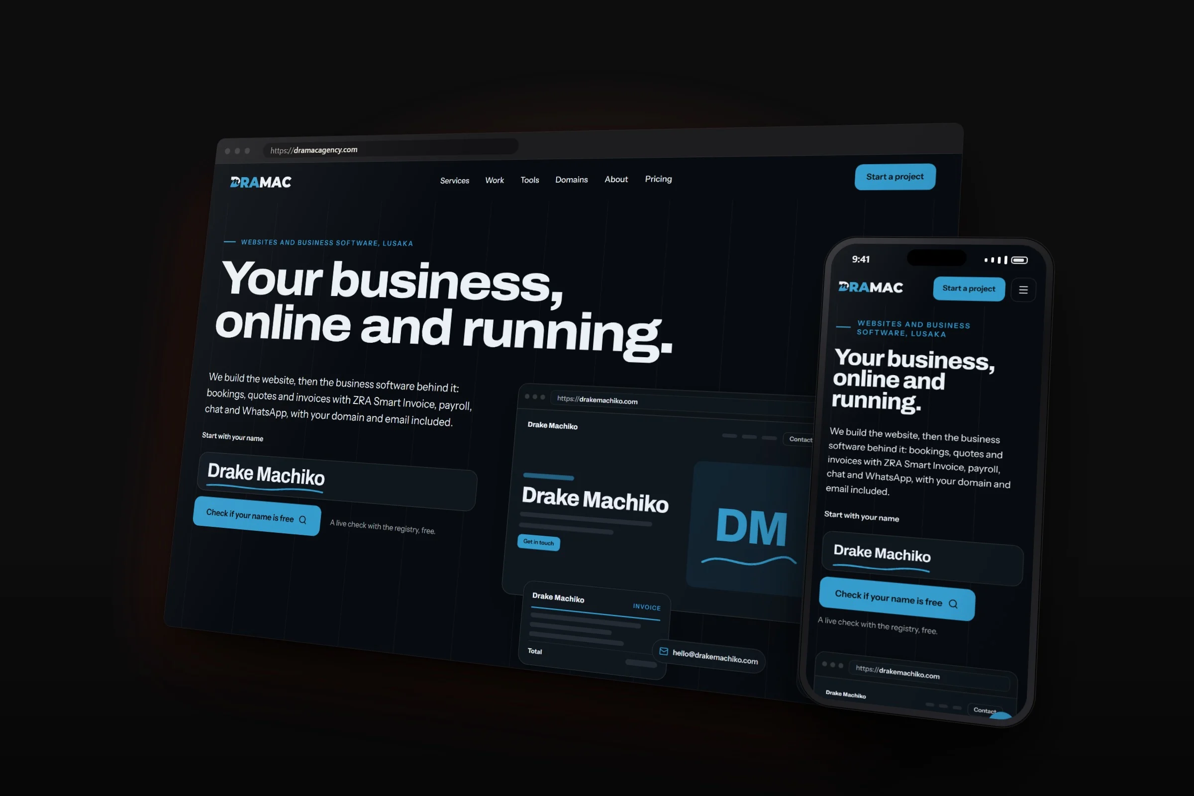 The Dramac Marketing Agency website in dark mode on a desktop browser and a phone, with a business name typed into the hero