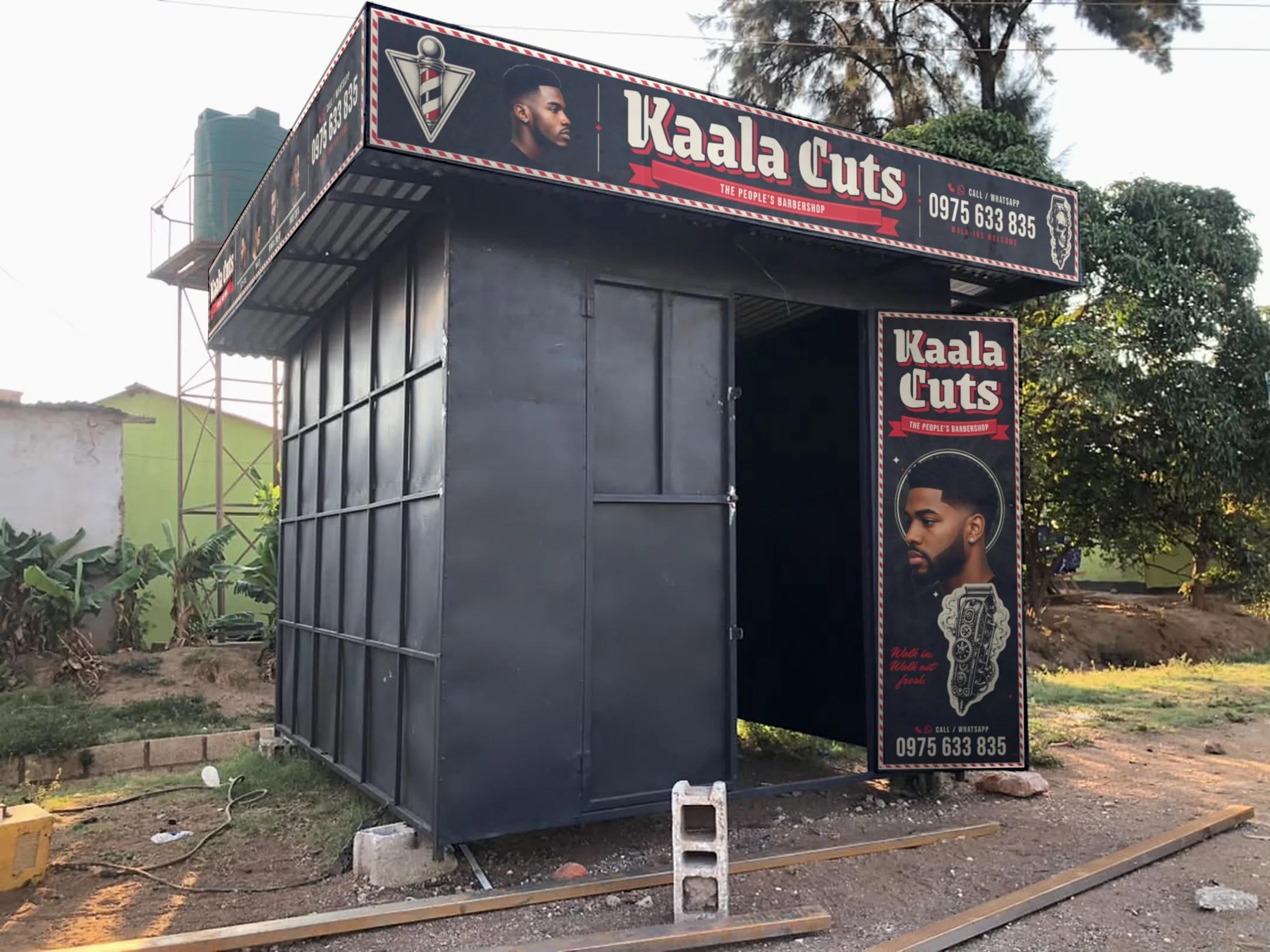 The black Kaala Cuts concept on the client's booth: the top fascias and the right door