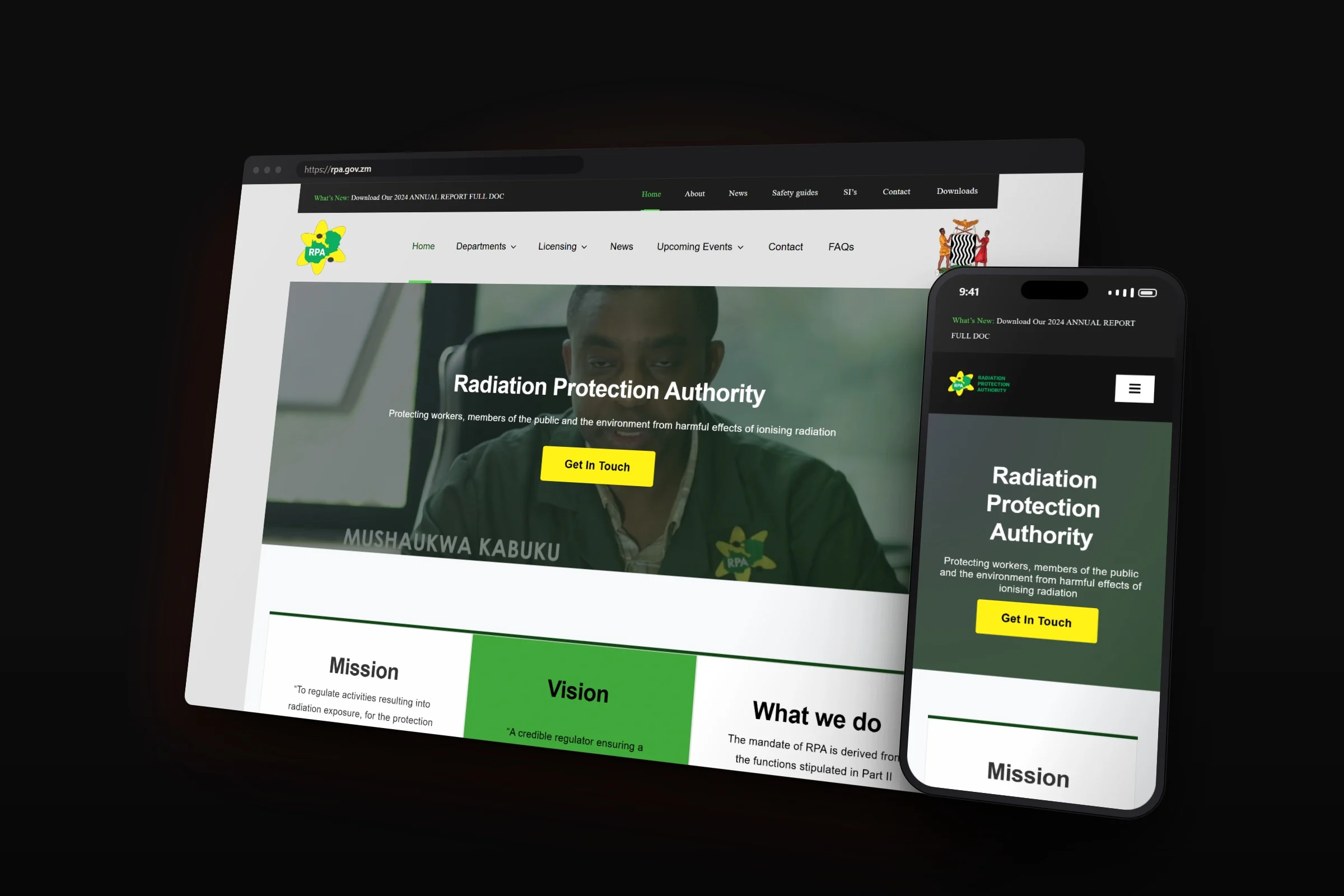 The Radiation Protection Authority website on a desktop browser and a phone, shown in perspective