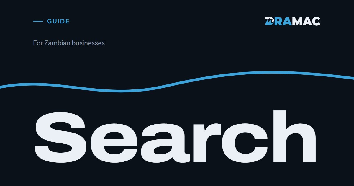 Cover of our guide to search engine optimisation: the word Search in large letters, with the blue Dramac thread