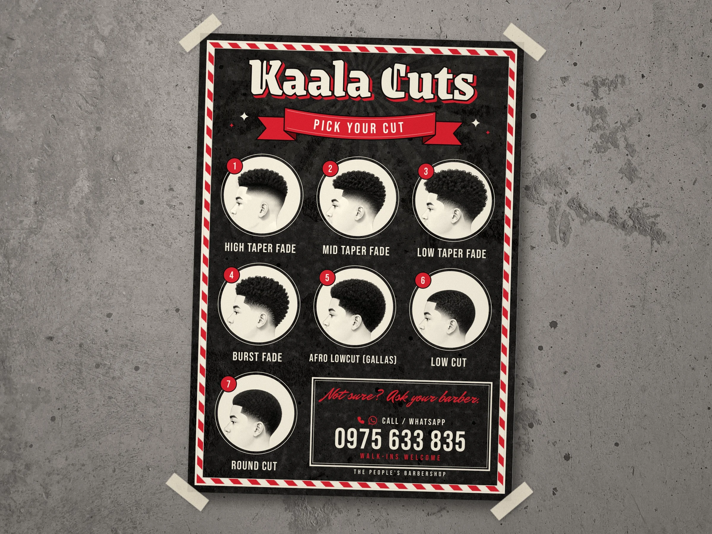 The Kaala Cuts A2 poster: the shop's numbered cuts as a chart