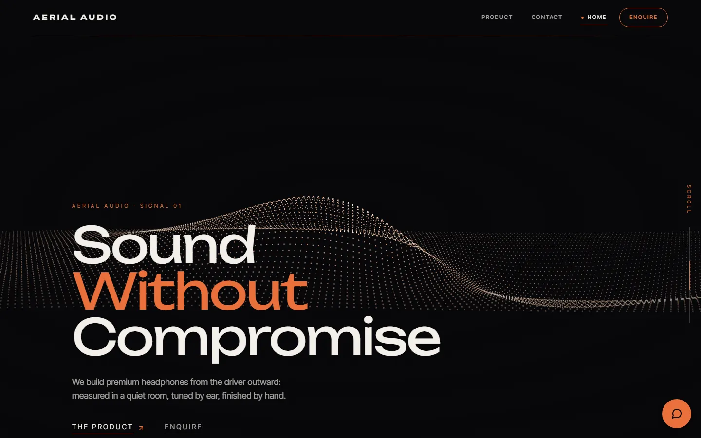 The Aerial Audio concept's home page: a field of orange points moving under the headline