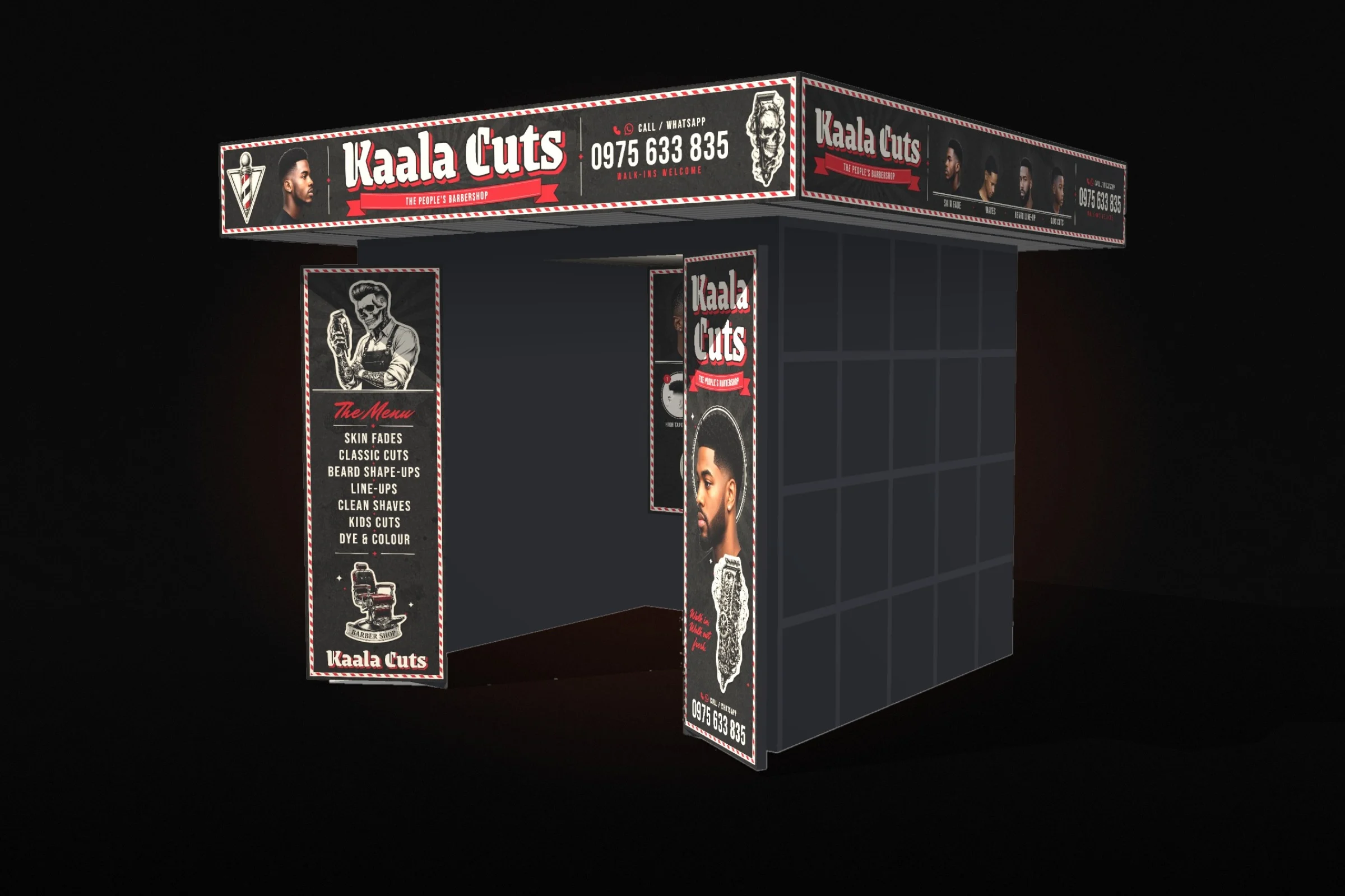 The Kaala Cuts booth in the black concept, a three-quarter view of the branded fascias and open doors