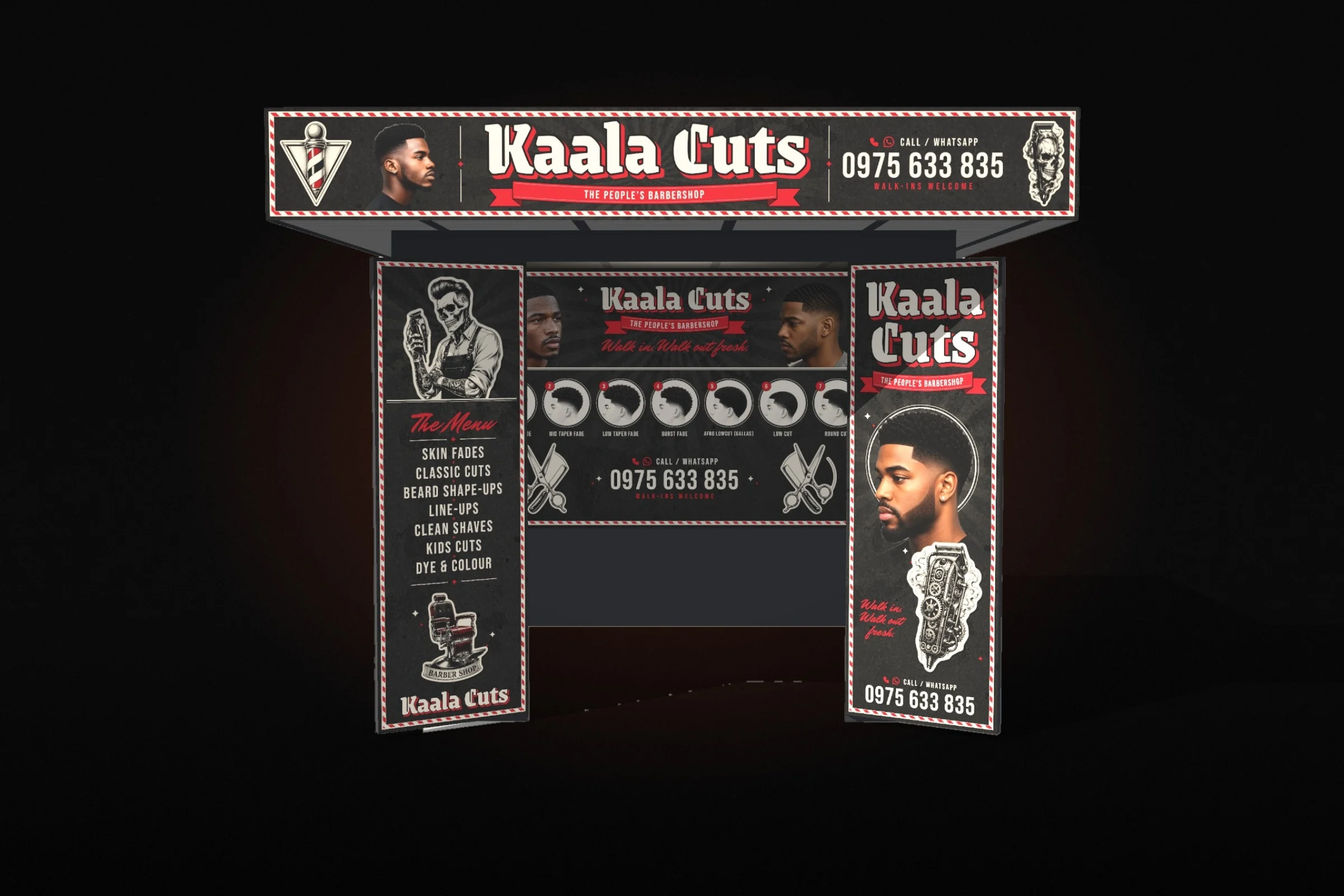 The black Kaala Cuts concept from the front, doors open onto the back wall print