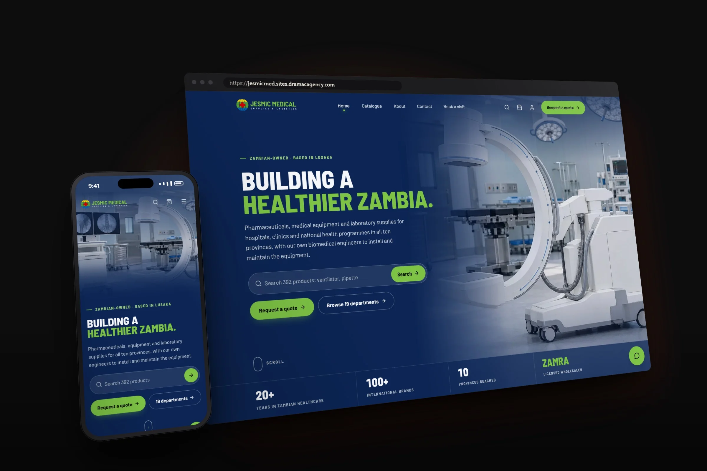 The Jesmic Medical Supplies website on a desktop browser and a phone, shown in perspective