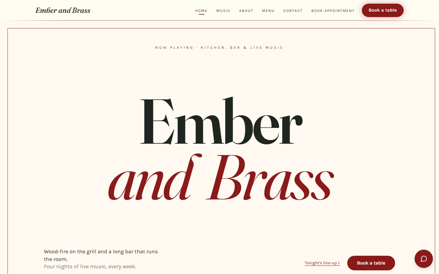 The Ember and Brass concept's home page: the name set large in red and ink